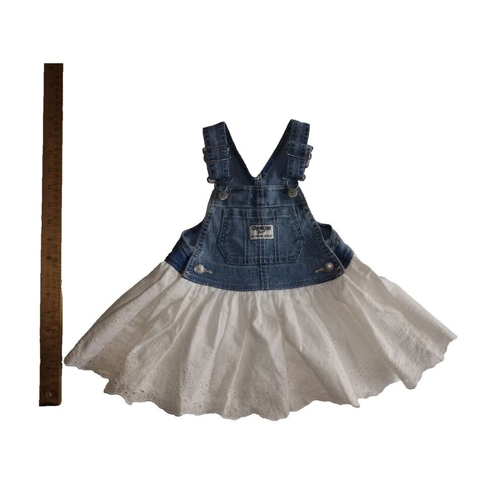 OshKosh BGosh Girls 12 Month Denim Overalls Jumper Dress Skirt Eyelet White